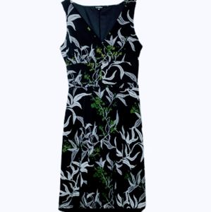 le chateau sleeveless black floral / leaf print midi surplice v-neck dress
